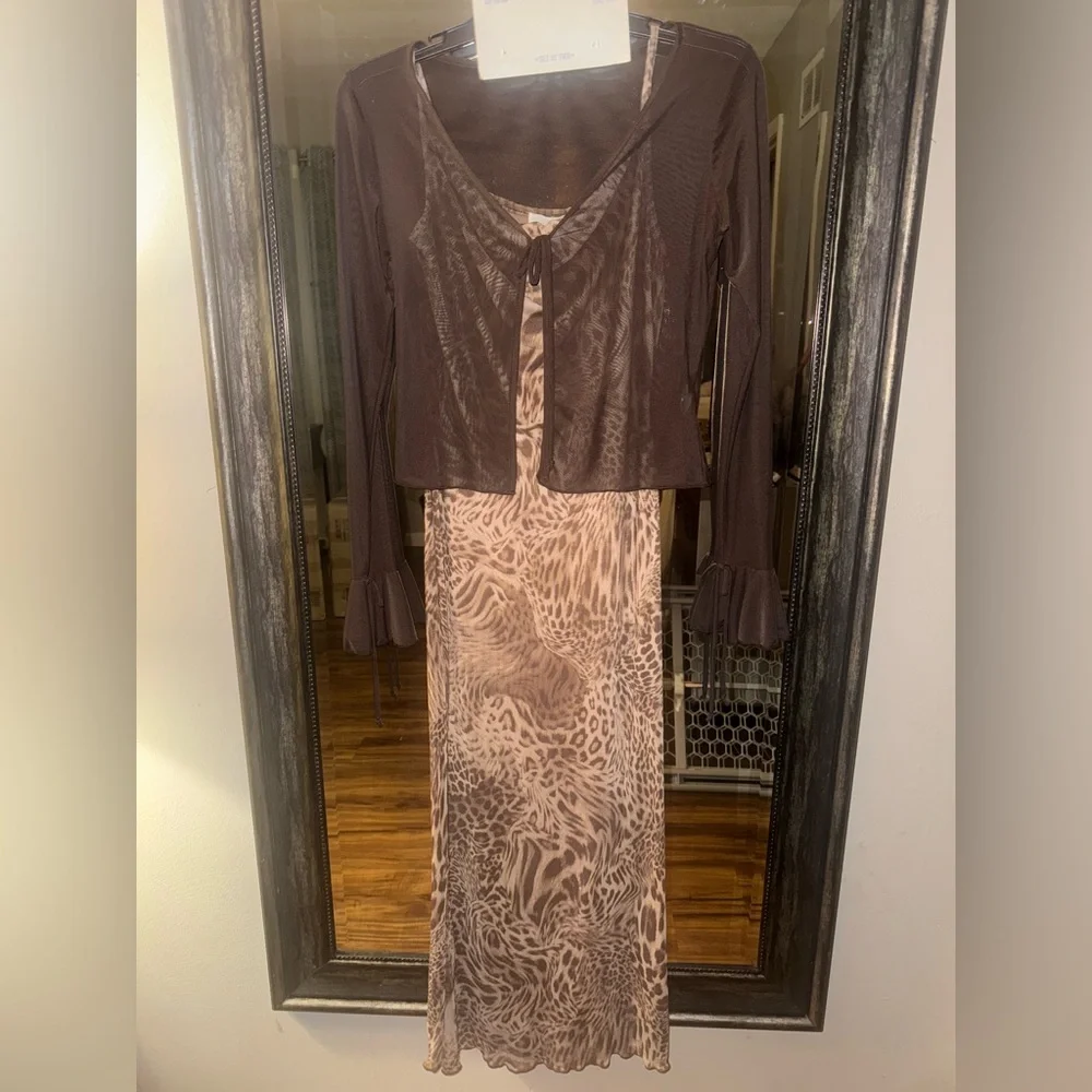 See You Monday Brown Animal Print dress with Sheer Cardigan - Picture 4 of 13